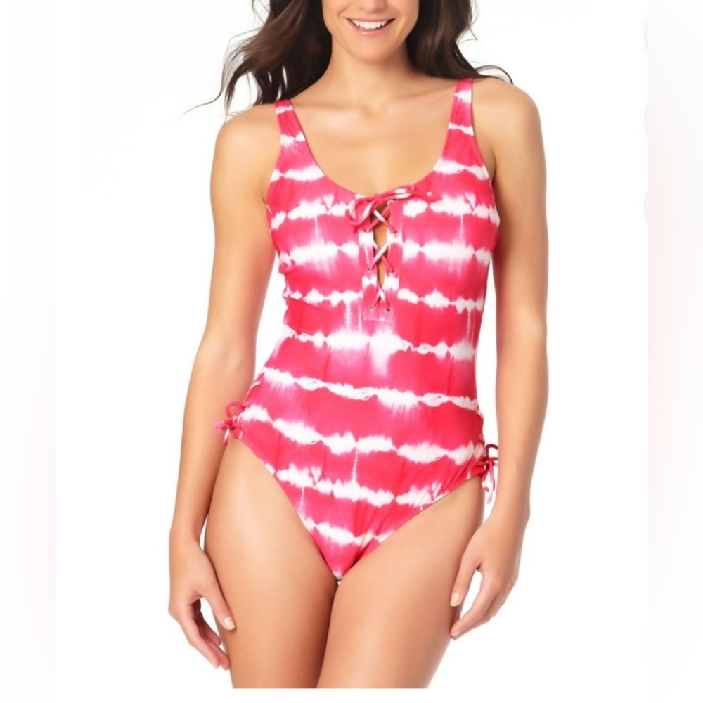 CALIFORNIA WAVES Pink Tie Dye Stretch Moderate Coverage Scoop Neck Swimsuit